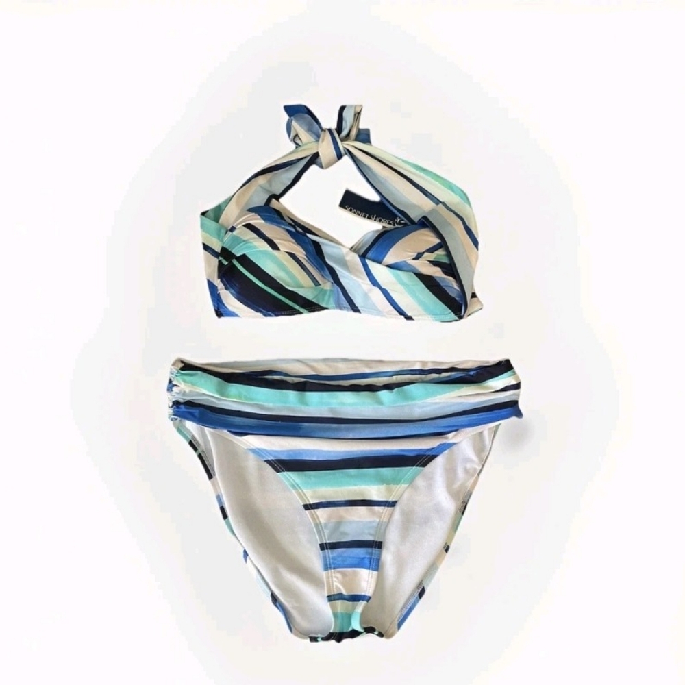 Sonnet Shores Stylish Striped Blue and White Bikini BOTTOM Size 12